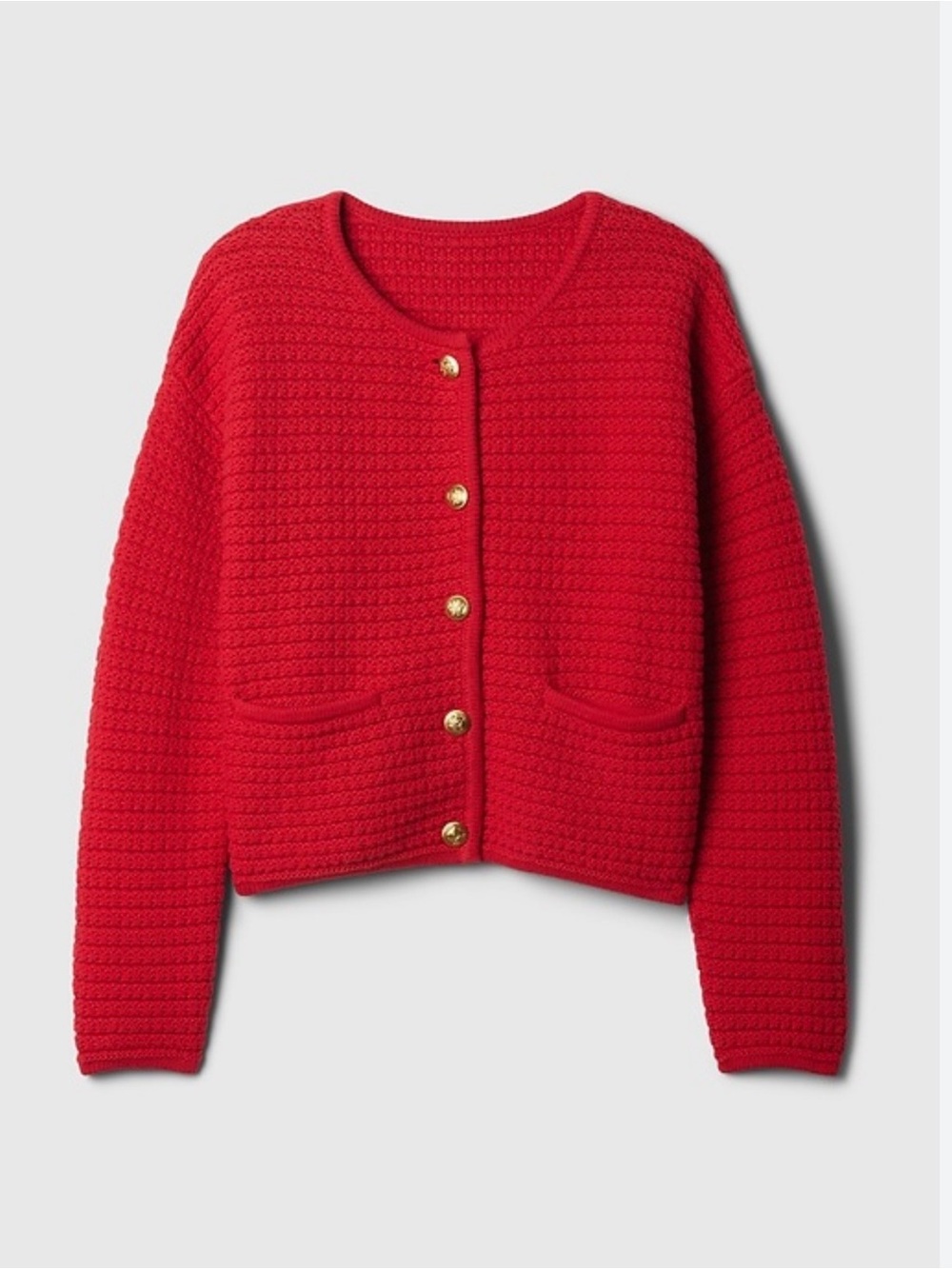 Gap Red Texture Knit Sweater Lady Jacket Cardigan, Gold Buttons